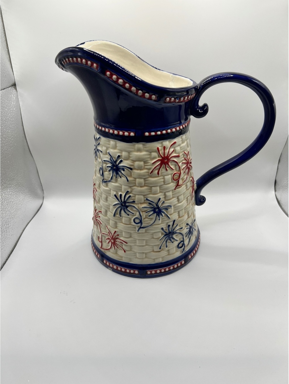 Temp-tations  by Tara Patriotic Red White Blue Lace Ceramic Pitcher 2.0 QT